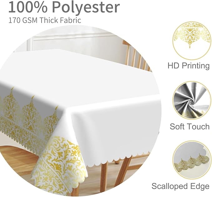 70x108inches White Rectangle Table Cloth Gold Floral Border Printed Decorative - Image 3