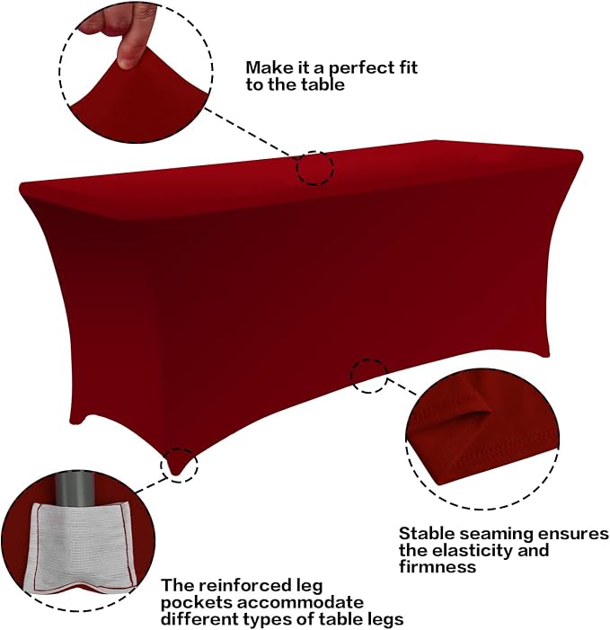 IVAPUPU 2 Pack 8FT Table Cloth for Rectangular Fitted Events Stretch Burgundy - Image 2