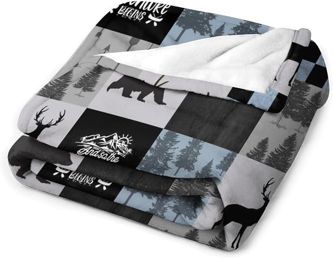 Bear Cabin Plaid Blanket, Rustic Retro Bear Deer Patchwork Gray Blue Farmhouse - Image 3