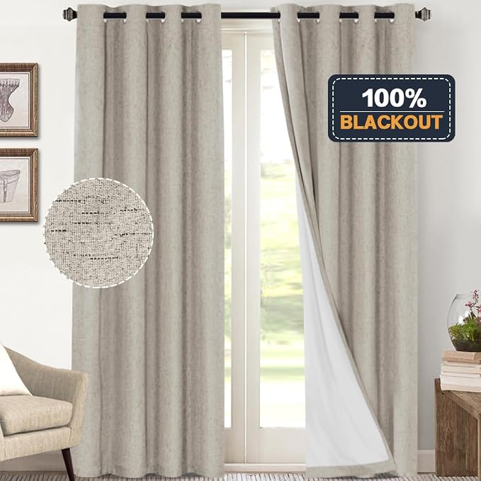 PrinceDeco 100% Blackout Curtains 108 Inches Long 2 Panels Set Black Out Linen - Image 2