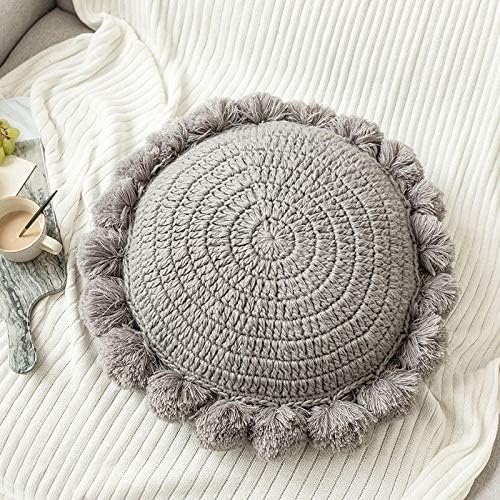 Round Throw Pillow Boho with Pom Poms Fringe Tassels, Bohemian Cute Decorative - Image 2