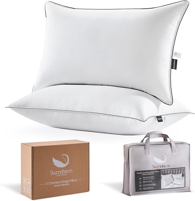 Goose Feather Down Fiber King Pillows 2 Pack, Luxury 3-Chamber Pillows by Swandream