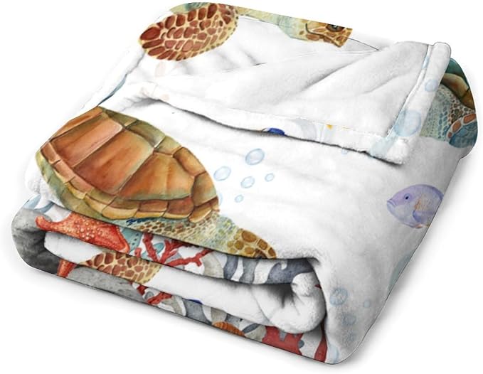 Sea Turtle Throw Blanket, Teal Blue Ocean Underwater Animal Starfish Fish - Image 3