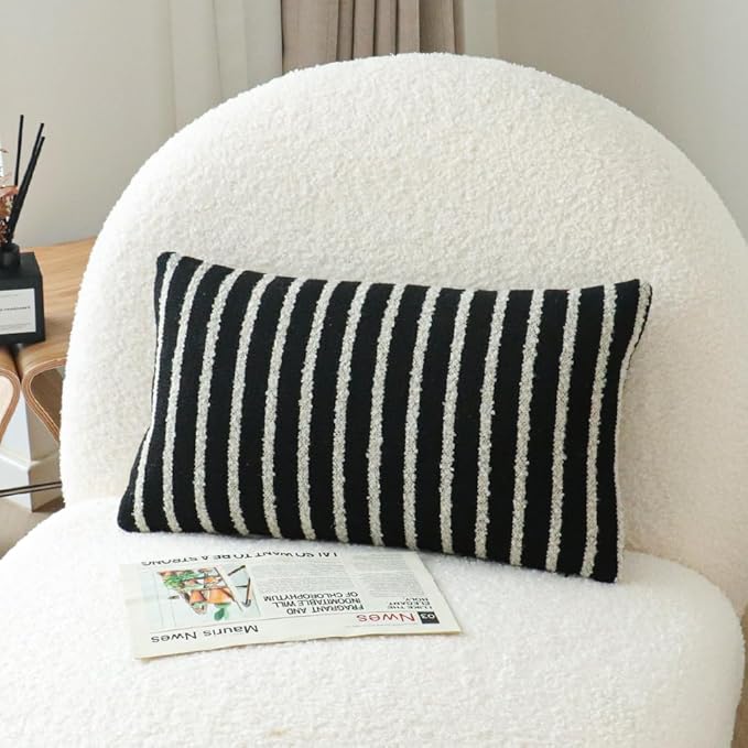 Jonhier Black Striped Lumbar Boho Throw Pillow Cover, Modern Boucle Textured - Image 2