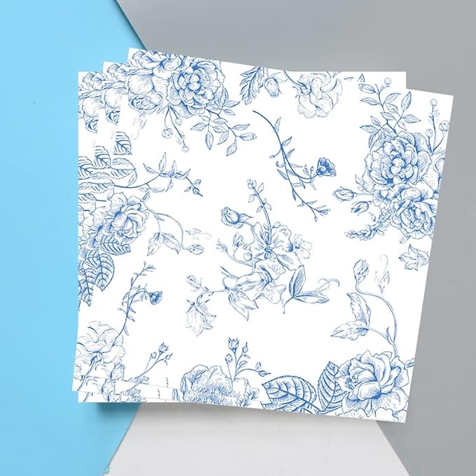 100 Pack Blue Floral Cocktail Napkins Blue and White Floral Toile Paper Napkins - Image 8