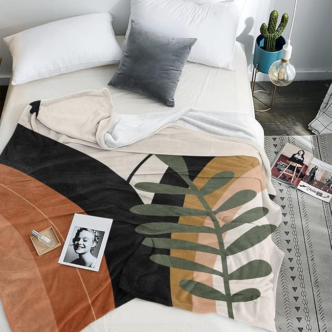 Boho Mid Century Blankets Black Geometric Throws Beige Abstract Modern Throw - Image 4
