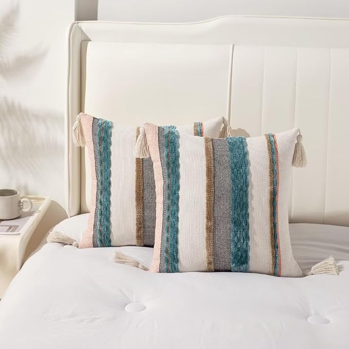 Boho Throw Pillow Covers 18x18 Set of 2 Woven Tufted Farmhouse Pillows Cover - Image 5