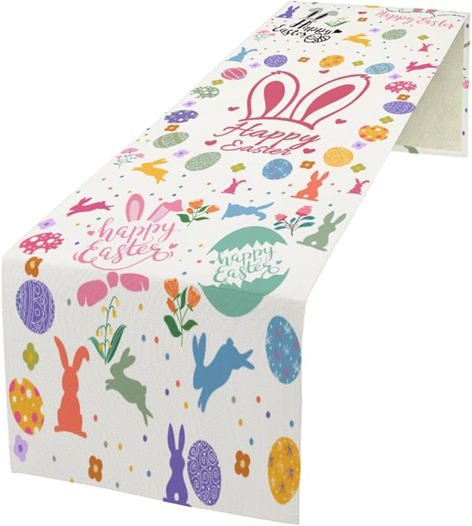 Happy Easter Table Runner, Easter Rabbits Linen Farmhouse Table Runners - Image 6