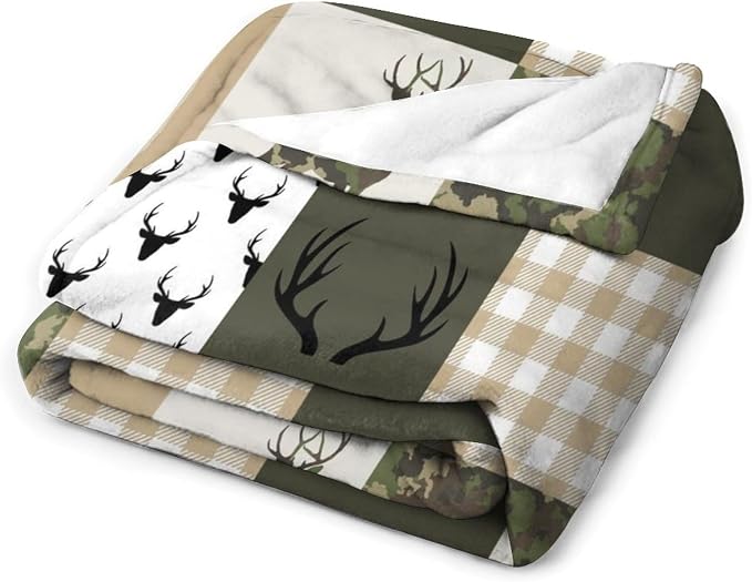 Camouflage Deer Blanket, Vintage Camo Green Beige Plaid Rustic Cabin Wildlife - Image 3