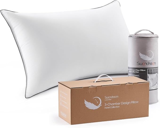 Goose Feather Down Fiber Standard Pillow Single Pack, Luxury 3-Chamber Pillows by Swandream