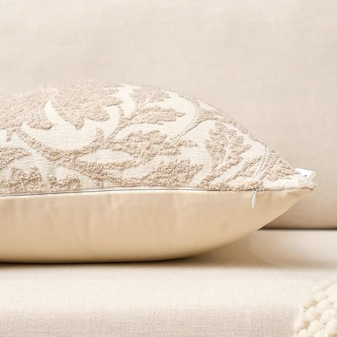 Yangest Chenille Floral Pillow Cover 18 x18 Inches, Neutral Jacquard Square - Image 3