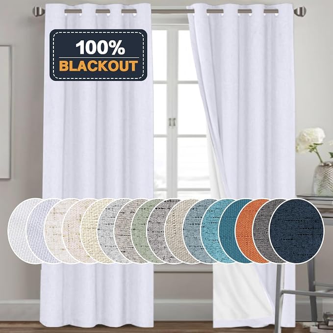 PrinceDeco White Blackout Curtains Linen Curtains 96 Inches Long 100% Blackout by PrinceDeco