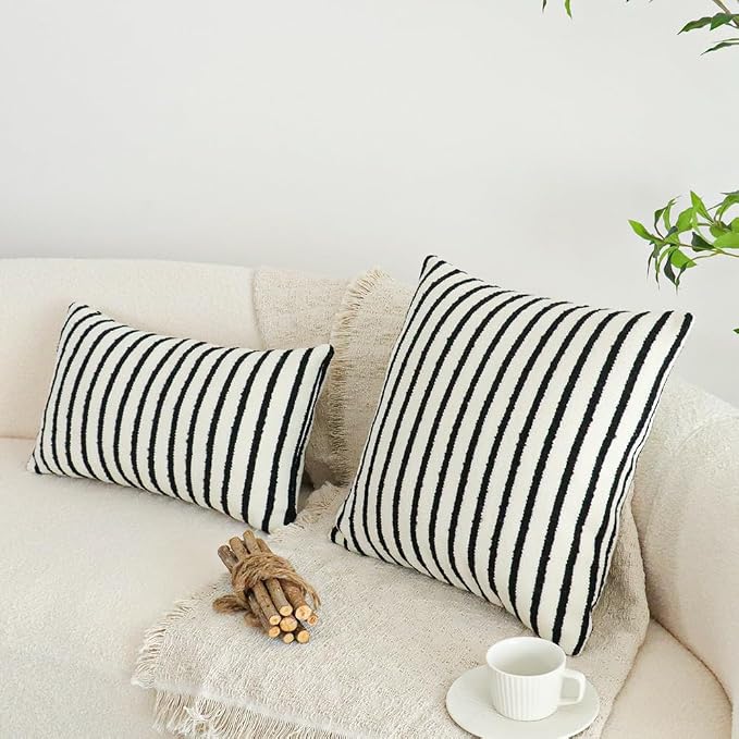 Jonhier White Striped Lumbar Boho Throw Pillow Cover, Modern Boucle Textured - Image 5