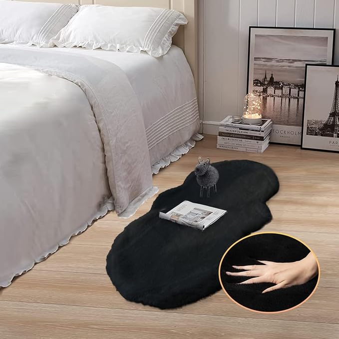 Black Faux Rabbit Washable Fur Area Rugs - Image 2