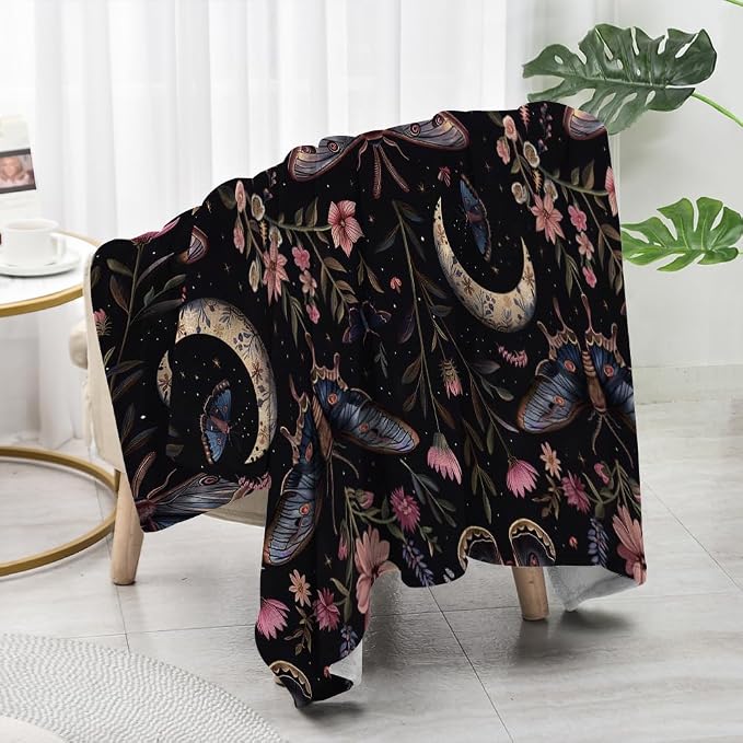Moon Moth Throw Blanket 60"x80" Soft Cozy Lightweight Flannel, Mystical Night - Image 4