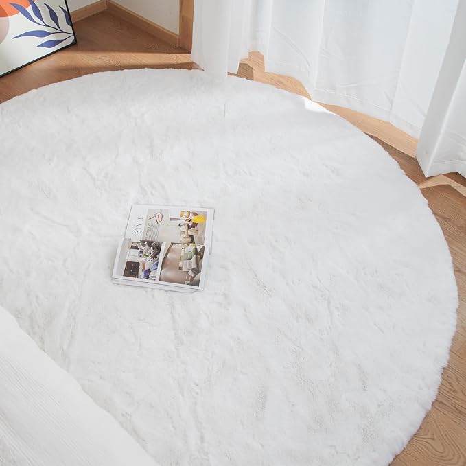 White Faux Rabbit Washable Fur Area Rugs Circle Rugs - Image 4