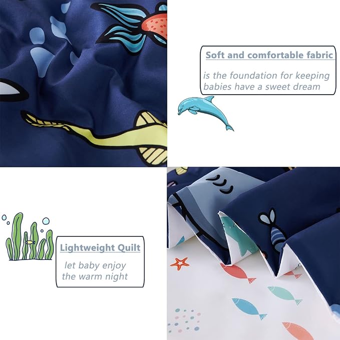 PERFEMET 4 Pieces Twin Bed in A Bag Navy Blue Ocean Animal Themed Kids - Image 6