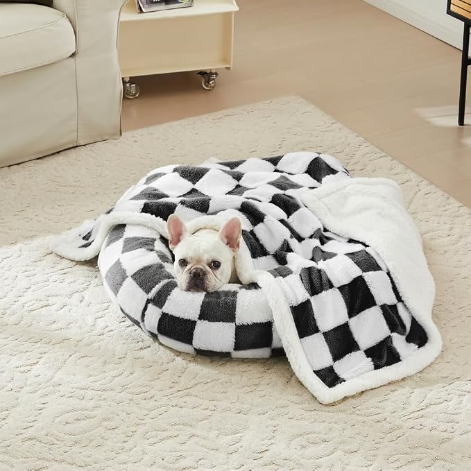 Checkered Dog Blanket, Cute Aesthetic Style Fluffy Fleece Pets Blanket - Image 2