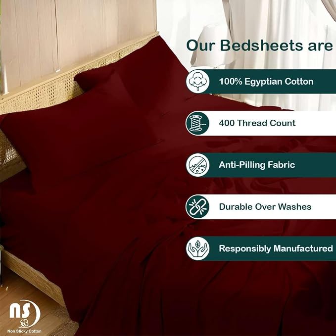 NON Sticky cotton Queen Size Sleeper Sofa Sheets, 4 Piece Egyptian Cotton Bed - Image 2