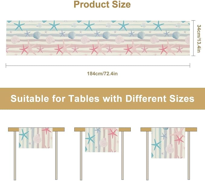 Coastal Starfish Kitchen Table Runner, Colorful Watercolor Blue and Pink Stripe - Image 3