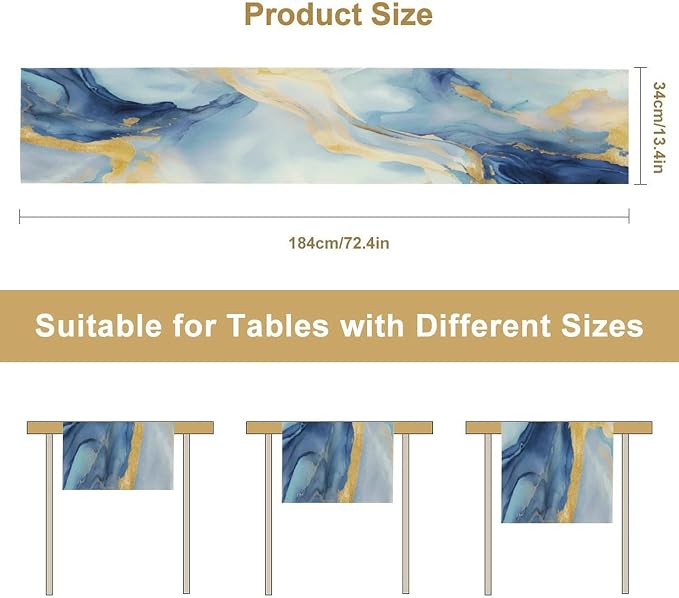 Marble Table Runner, Modern Grey Blue Gold Abstract Table Dresser Runners - Image 3