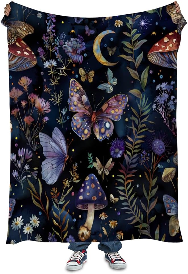 Celestial Witch Garden Throw Blankets Butterfly Moon Flower Fleece Throw Blanket by Reateforin