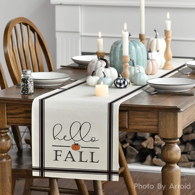 Artoid Mode Hello Fall Stripes Pumpkin Autumn Table Runner, Seasonal Fall - Image 3