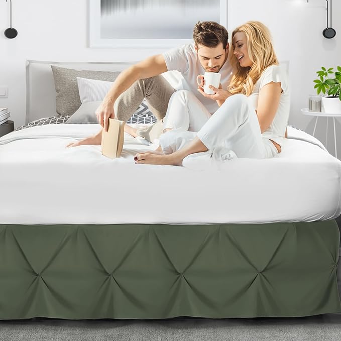 Nestl Olive Green Bed Skirt Queen Size, Pinch Pleat Queen Bed Skirt, Hotel - Image 6