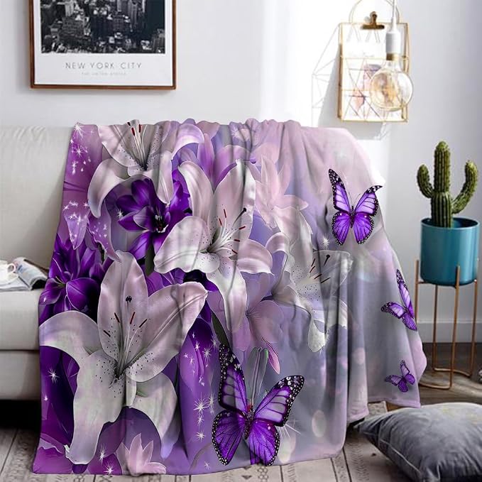 Purple Butterfly Flower Throw Blanekts Butterfly Blankets Soft Lightweight Cozy - Image 3