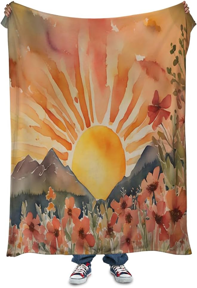 Burn Orange Boho Sunrise Sunset Sun Print Throw Blankets Pink Floral Flower - Image 6