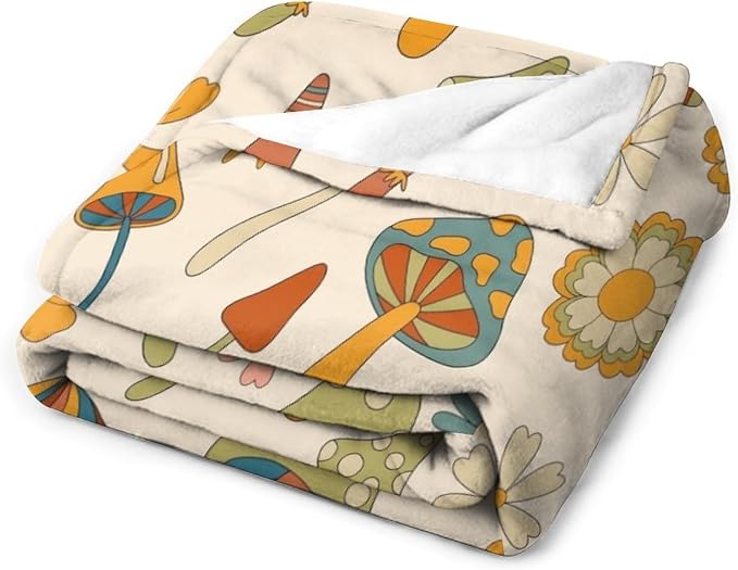 70s Mushroom Throw Blanket, Retro 60s Groovy Mushroom Boho Hippie Flowers Print - Image 3