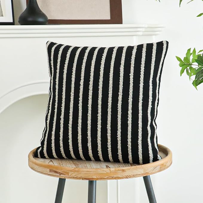 Jonhier Black Striped Boho Throw Pillow Cover, Modern Boucle Textured Square - Image 5