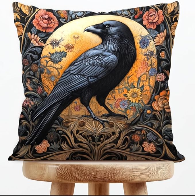 William Morris Abstract Vintage Floral Velvet Black Crow Design Throw Pillow by Unknown