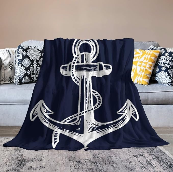 Anchor Blanket Retro Abstract Nautical Navy Blue White Soft Cozy Lightweight - Image 4