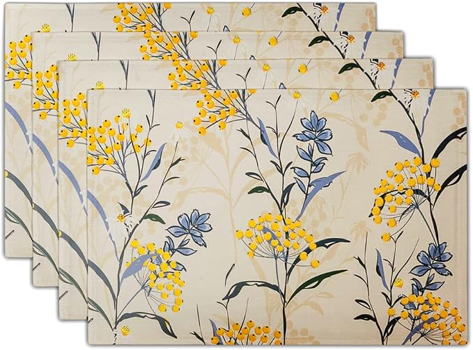 Floral Placemats Set of 4 Vintage Floral Summer Flowers Yellow Placemats - Image 2