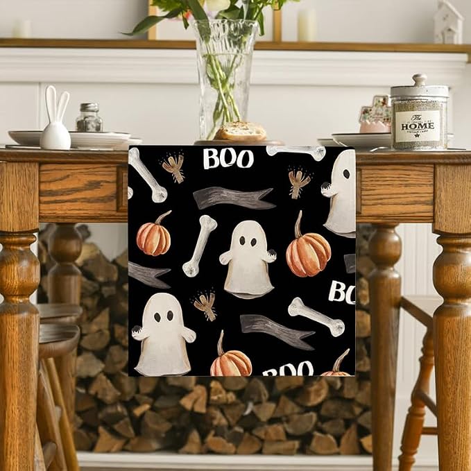 LTLYH Halloween Table Runner 13 x 72 Inch, Cute Ghost Pumpkin Bones Boo Pattern - Image 3