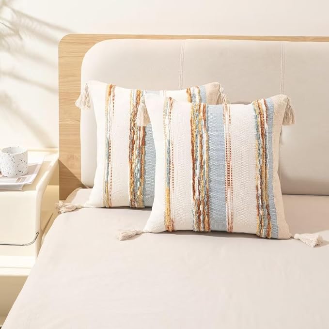 Boho Throw Pillow Covers 18x18 Set of 2 Woven Tufted Farmhouse Pillows Cover - Image 5
