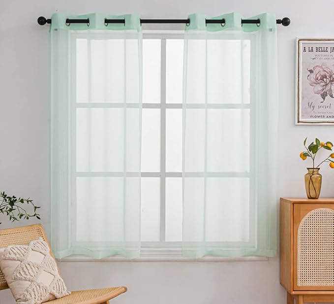 PI Green Sheer Curtain Short Panels, Eyelets Top Natural Voile Backdrop by PI