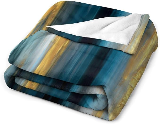 Fashion Gradient Blanket, Modern Abstract Art Gold Lake Blue Painting Strokes - Image 4