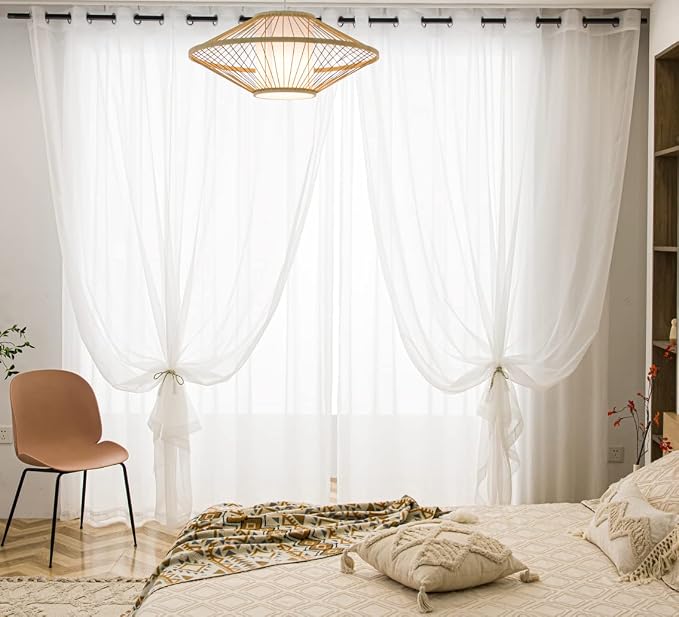 PI Beige Sheer Curtains Long Panels, Ring Top Casual Voile Window Sheer by PI