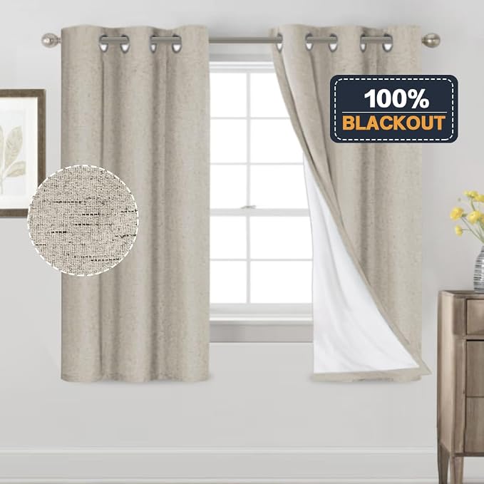 PrinceDeco Linen Texture Curtains Soild 100% Blackout Thermal Insulated - Image 6