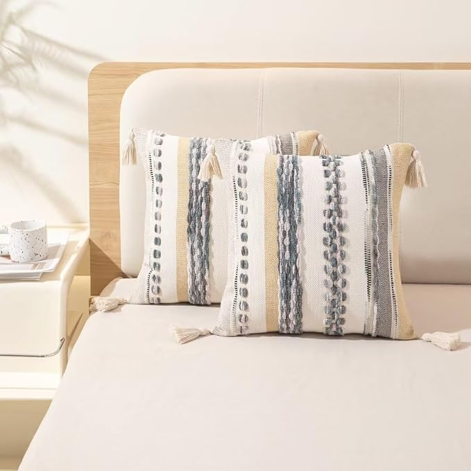 Boho Throw Pillow Covers 18x18 Set of 2 Woven Tufted Farmhouse Pillows Cover - Image 5