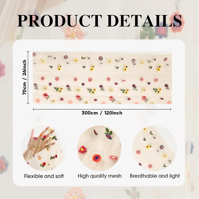 Artoid Mode 3PCS Champagne Embroidery Daisy Gauze Table Runner 120 Inch 10FT - Image 7