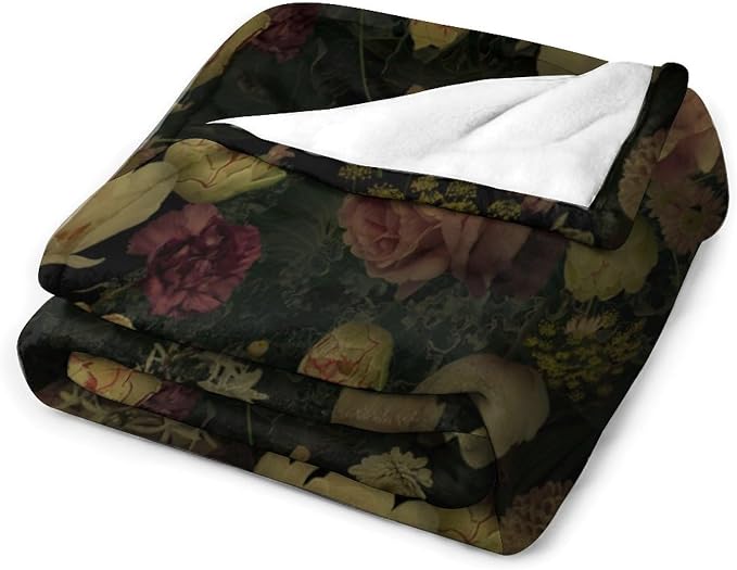 Black Floral Blanket, Rustic Watercolor Botanical Rose Peony Vintage Leaves - Image 3