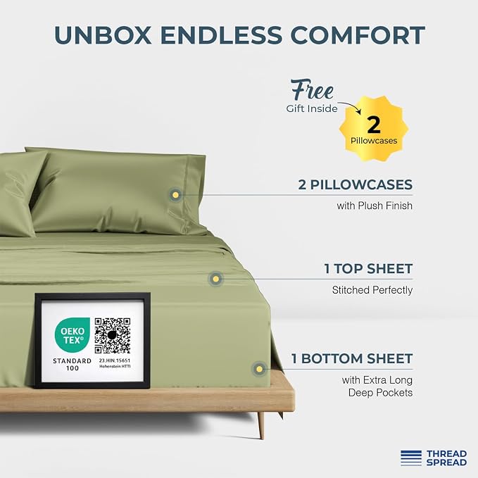 THREAD SPREAD 100% Egyptian Cotton Sheets California King Size Bed Set - Image 3