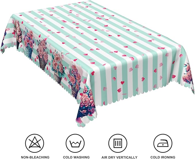 54x86inches Mint and White Stripes Tablecloth Pink Flowers Hearts Printed Table - Image 6
