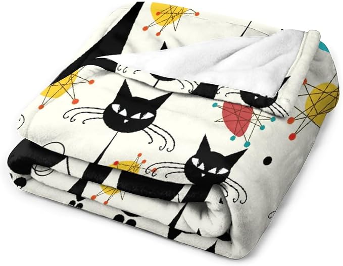 Mid Century Modern Throw Blanket, Atomic Black Cat Starbursts Iconic Sputnik - Image 3
