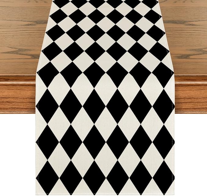Artoid Mode Diamond Plaid Black Table Runner, Seasonal Halloween Party Kitchen by ArtoidMode