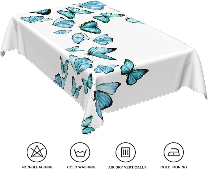 60x102inches Blue Butterfly Rectangle Table Cloth Nature Butterflies White - Image 6