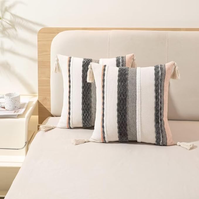 Boho Throw Pillow Covers 18x18 Set of 2 Woven Tufted Farmhouse Pillows Cover - Image 5